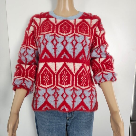 CIDER Women's Crew Neck Pullover Geometric Pattern Knit Oversized Sweater Fall - Picture 2 of 8